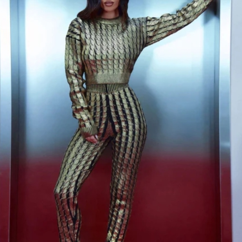 Lily Metallic Sweater Legging Set - Gold from Fashion Nova